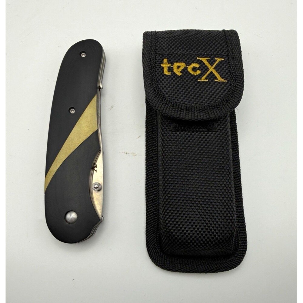 TecX Folding Hunting Knife Gut Hook Black Brass Handle 5” w/ Belt Sheath